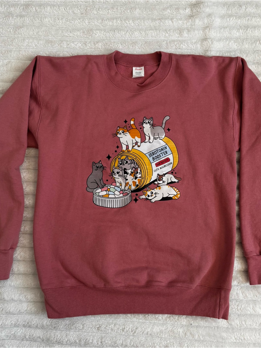 Hanes Rose Dust Crewneck Sweatshirt with Playful Cat Graphic